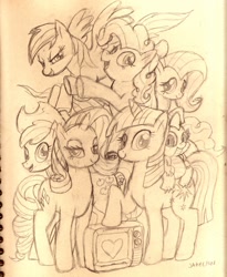 Size: 1050x1280 | Tagged: safe, artist:docwario, derpibooru import, applejack, fluttershy, pinkie pie, rainbow dash, rarity, spike, twilight sparkle, dragon, earth pony, pegasus, pony, unicorn, mane seven, mane six, sketch, traditional art