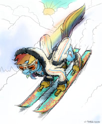 Size: 900x1100 | Tagged: safe, artist:docwario, derpibooru import, rainbow dash, pegasus, pony, boots, clothes, cloud, goggles, hood, jacket, mountain, shoes, skiing, skis, snow, snow goggles, solo, sun, winter