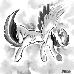 Size: 1280x1280 | Tagged: safe, artist:docwario, derpibooru import, rainbow dash, pegasus, pony, flying, monochrome, solo