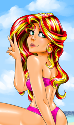Size: 1200x2027 | Tagged: safe, artist:drizziedoodles, sunset shimmer, human, equestria girls, ass, beach, bikini, breasts, bunset shimmer, clothes, female, humanized, lipstick, looking back, peace sign, sideboob, sitting, solo, sunset jiggler, swimsuit