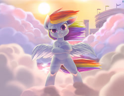 Size: 3202x2480 | Tagged: safe, artist:mrs1989, derpibooru import, rainbow dash, pegasus, pony, bipedal, cloud, crossed hooves, looking at you, smiling, solo, stadium