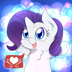 Size: 820x820 | Tagged: safe, artist:mister-true, rarity, pony, unicorn, askfillyrarity, chest fluff, cute, fluffy, heart, looking up, open mouth, pictogram, raribetes, smiling, solo