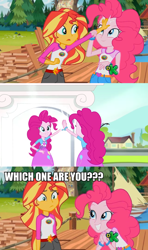 Size: 1366x2304 | Tagged: safe, edit, edited screencap, screencap, pinkie pie, sunset shimmer, equestria girls, legend of everfree, discovery kids, meme, self paradox, self ponidox, sunset sees things