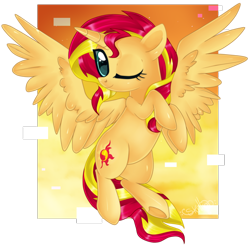 Size: 1600x1580 | Tagged: safe, artist:sugguk, sunset shimmer, alicorn, pony, equestria girls, alicornified, one eye closed, race swap, shimmercorn, solo, wink