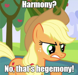 Size: 680x651 | Tagged: safe, applejack, earth pony, pony, harmony, hegemony, image macro, poe's law, reaction