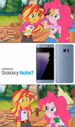 Size: 1366x2304 | Tagged: safe, edit, edited screencap, screencap, pinkie pie, sunset shimmer, equestria girls, equestria girls (movie), legend of everfree, discovery kids, galaxy note 7, meme, note 7, obligatory pony, samsung, sunset sees things