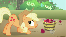 Size: 1920x1080 | Tagged: safe, screencap, applejack, earth pony, pony, apple, bucket, bush, cutie mark, flower, hat, hub logo, mane, out of context, scrunchy face, tail