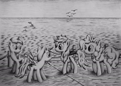 Size: 2500x1782 | Tagged: safe, artist:rockingscorpion, pinkie pie, sea swirl, seafoam, oc, bird, dolphin, earth pony, pony, monochrome, ocean, traditional art