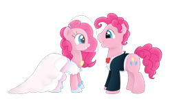 Size: 3420x2058 | Tagged: safe, artist:kaleysia, bubble berry, pinkie pie, earth pony, pony, bubblepie, clothes, dress, female, male, rule 63, self ponidox, selfcest, shipping, straight, suit, wedding, wedding dress
