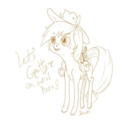 Size: 884x865 | Tagged: safe, artist:twitchykismet, applejack, earth pony, pony, alternate hatstyle, monochrome, sketch