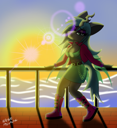 Size: 3200x3500 | Tagged: safe, artist:revazul, queen chrysalis, anthro, changeling, changeling queen, beautisexy, belt, boots, breasts, cleavage, clothes, eyeliner, eyeshadow, female, horn, lens flare, makeup, miniskirt, ocean, shoes, skirt, solo, sunset, wings