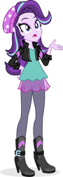 Size: 2880x8036 | Tagged: safe, alternate version, artist:punzil504, starlight glimmer, sunset shimmer, equestria girls, mirror magic, spoiler:eqg specials, beanie, boots, clothes, clothes swap, female, hand on hip, hat, high heel boots, jacket, leather jacket, shirt, shoes, simple background, solo, transparent background, vector