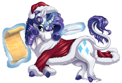 Size: 1845x1268 | Tagged: safe, artist:kittehkatbar, rarity, classical unicorn, pony, unicorn, clothes, cloven hooves, curved horn, hat, leonine tail, santa costume, santa hat, simple background, solo, transparent background, unshorn fetlocks