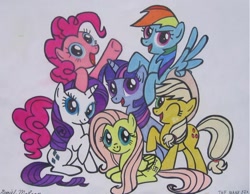 Size: 900x697 | Tagged: safe, artist:patridam, derpibooru import, applejack, fluttershy, pinkie pie, rainbow dash, rarity, twilight sparkle, earth pony, pegasus, pony, unicorn, group pose, intro, mane six, mane six opening poses, traditional art