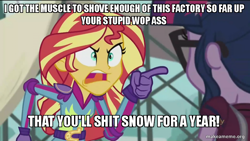 Size: 800x450 | Tagged: safe, edit, edited screencap, screencap, sci-twi, sunset shimmer, twilight sparkle, equestria girls, image macro, meme, racial slur, robocop, sunset yells at twilight, vulgar