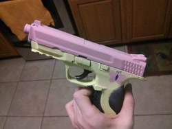 Size: 3264x2448 | Tagged: safe, fluttershy, airsoft, custom, gun, gunified, irl, my little arsenal, photo, pistol