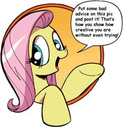 Size: 421x431 | Tagged: safe, fluttershy, pegasus, pony, bad advice fluttershy, blue eyes, dialogue, exploitable meme, female, good advice fluttershy, irony, mare, meme, meta, open mouth, pink mane, raised hoof, raised leg, self deprecation, simple background, smiling, solo, speech bubble, talking to viewer, transparent background, underhoof, yellow coat