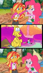 Size: 607x1024 | Tagged: safe, edit, edited screencap, screencap, pinkie pie, sunset shimmer, equestria girls, legend of everfree, discovery kids, gravity falls, mabel pines, meme, smile dip, sunset sees things, the inconveniencing