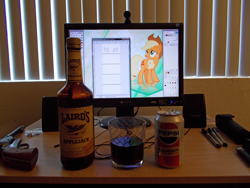 Size: 4608x3456 | Tagged: safe, artist:ibanez78, applejack, absurd resolution, alcohol, computer, gimp, gun, irl, otaku date, pepsi, photo, pistol, revolver, waifu dinner, windows