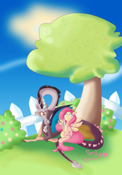 Size: 2218x3164 | Tagged: safe, artist:sellyinwonderland, discord, fluttershy, pegasus, pony, discoshy, drink, female, fence, male, shipping, straight, tree