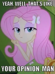 Size: 341x456 | Tagged: safe, edit, edited screencap, screencap, fluttershy, equestria girls, equestria girls (movie), cropped, image macro, solo, the big lebowski