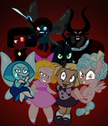 Size: 1024x1189 | Tagged: safe, artist:squipycheetah, cozy glow, lord tirek, queen chrysalis, centaur, changeling, human, pegasus, pony, spoiler:s09, aquamarine (steven universe), baby doll, batman the animated series, bluebird azurite, cats don't dance, child, crossed legs, crossover, darla dimple, evil, evil grin, eyeball (steven universe), female, former queen chrysalis, fusion, gem, gem fusion, glowing eyes, gradient background, grin, legion of doom, male, mary dahl, red background, simple background, smiling, smirk, steven universe, sword, weapon