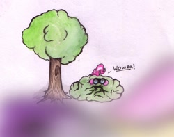 Size: 1280x1010 | Tagged: dead source, safe, artist:inky-draws, pinkie pie, earth pony, pony, binoculars, bush, traditional art, tree, wowza