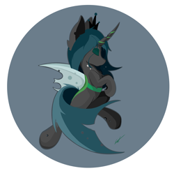 Size: 3864x3784 | Tagged: safe, artist:groomlake, queen chrysalis, changeling, changeling queen, circle background, crown, curved horn, eyes closed, female, horn, jewelry, love, mare, regalia, simple, simple background, solo, spots, spread wings, white background, wings