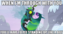 Size: 1280x707 | Tagged: safe, artist:logan jones, edit, edited screencap, editor:logan jones, screencap, queen chrysalis, starlight glimmer, changeling, changeling queen, pony, unicorn, the ending of the end, caption, cocoon, defeated, dragonzball p, dragonzball peepee, image macro, meme, pure unfiltered evil, reversed gender roles equestria, text, ultimate chrysalis