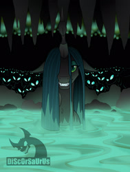 Size: 1828x2413 | Tagged: safe, artist:discorsaurus, queen chrysalis, changeling, changeling queen, bath, cave, cocoon, dark, evil grin, female, glow, grin, looking at you, partially submerged, slime, smiling, water, wet, wet mane
