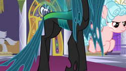 Size: 1920x1080 | Tagged: safe, screencap, cozy glow, queen chrysalis, changeling, changeling queen, pegasus, pony, the summer sun setback, bow, canterlot castle, cozy glow is not amused, curly hair, duo, evil planning in progress, female, filly, flying, foal, former queen chrysalis, freckles, frown, hair bow, insect wings, intruder, sneaking, throne room, wings