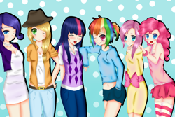 Size: 3000x2000 | Tagged: safe, artist:xkittyblue, derpibooru import, applejack, fluttershy, pinkie pie, rainbow dash, rarity, twilight sparkle, human, belly button, clothes, humanized, mane six, midriff, socks, striped socks