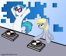 Size: 801x681 | Tagged: safe, artist:syggie, derpy hooves, dj pon-3, vinyl scratch, pony, bipedal, rhythm heaven, smiling