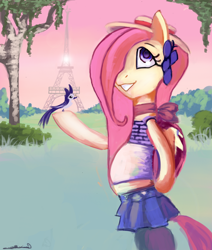 Size: 2232x2631 | Tagged: safe, artist:auroriia, fluttershy, bird, pegasus, pony, bipedal, france, pregnant, solo