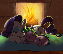 Size: 1891x1642 | Tagged: safe, artist:comikazia, rarity, spike, dragon, pony, unicorn, female, fire, fireplace, interspecies, male, shipping, sleeping, snuggling, sparity, straight