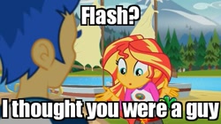 Size: 456x256 | Tagged: safe, edit, edited screencap, screencap, flash sentry, sunset shimmer, equestria girls, legend of everfree, brad, caption, discovery kids, female, image macro, meme, out of context, sleepaway camp