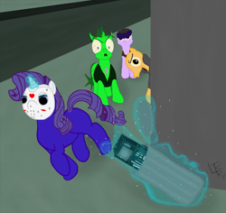 Size: 1500x1413 | Tagged: safe, artist:php21, derpibooru exclusive, discord, rarity, oc, pony, unicorn, rarity takes manehattan, city, crossover, friday the 13th, hockey mask, jason, jason voorhees, manehattan, punk, stereo, street