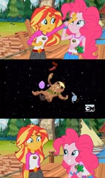 Size: 1366x2304 | Tagged: safe, edit, edited screencap, screencap, pinkie pie, sunset shimmer, chicken, squirrel, equestria girls, legend of everfree, adventure time, discovery kids, gingerbread man, lumpy space princess, meme, royal tart toter, space, sunset sees things, wat