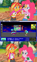 Size: 607x1024 | Tagged: safe, edit, edited screencap, screencap, pinkie pie, sunset shimmer, equestria girls, legend of everfree, book, discovery kids, meme, sunset sees things, super solvers, super solvers: midnight rescue, video game