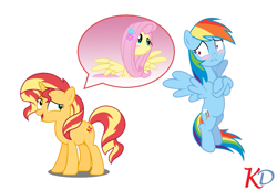 Size: 1007x694 | Tagged: safe, artist:khaotixdreamfd, derpibooru import, fluttershy, rainbow dash, sunset shimmer, pegasus, pony, blush sticker, blushing, female, flower, flower in hair, implied flutterdash, implied lesbian, implied shipping, shipper on deck, simple background, sunset shipper, white background