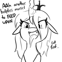 Size: 2250x2250 | Tagged: safe, artist:tjpones, part of a set, queen chrysalis, changeling, changeling queen, ..., dialogue, fangs, female, floppy ears, grayscale, monochrome, simple background, white background