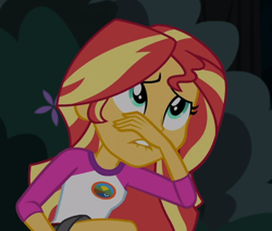 Size: 899x767 | Tagged: safe, screencap, sunset shimmer, equestria girls, legend of everfree, bush, camp everfree logo, camp everfree outfits, clothes, female, lip bite, scared, shirt, solo