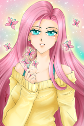 Size: 533x800 | Tagged: safe, artist:wickedz, fluttershy, clothes, humanized, solo, sweater, sweatershy