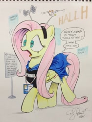 Size: 769x1024 | Tagged: safe, artist:andypriceart, fluttershy, pegasus, pony, badge, batman, cape, clothes, comic con, convention, costume, cowl, dialogue, enterprise, fan, fangirl, fringe, headband, id, parody, san diego comic con, sign, signature, solo, speech bubble, star trek, star trek (tos), star wars, tie fighter, traditional art