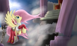 Size: 1462x869 | Tagged: safe, artist:plazyma, fluttershy, pegasus, pony, armor, solo, warrior