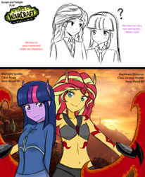 Size: 1072x1299 | Tagged: safe, artist:angeltorchic, sunset shimmer, twilight sparkle, twilight sparkle (alicorn), alicorn, elf, equestria girls, belly button, blood elf, clothes, comic, crossover, cute, demon hunter, dialogue, elf ears, lineart, mage, midriff, smiling, twiabetes, warcraft, weapon, world of warcraft