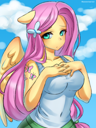 Size: 700x933 | Tagged: safe, artist:racoonsan, fluttershy, equestria girls, adorasexy, alternative cutie mark placement, ambiguous facial structure, big breasts, breasts, cleavage, clothes, cute, cutie mark, cutie mark on equestria girl, eared humanization, female, floppy ears, hands on breasts, hootershy, ponied up, pony coloring, sexy, shyabetes, sleeveless, solo, tanktop, winged humanization, wings