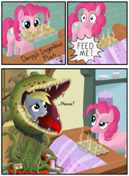 Size: 1408x1920 | Tagged: safe, artist:macchiatojolt, derpy hooves, pinkie pie, pegasus, pony, audrey 2, clothes, comic, costume, crossover, derpy being derpy, female, little shop of horrors, mare, muffin, wat