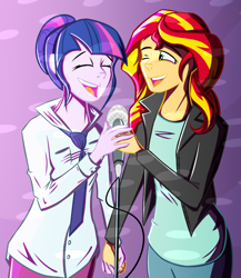 Size: 878x1013 | Tagged: safe, artist:proppane, sci-twi, sunset shimmer, twilight sparkle, equestria girls, eyes closed, female, holding hands, lesbian, microphone, scitwishimmer, shipping, singing, sunsetsparkle