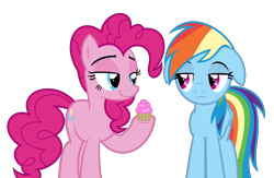 Size: 6458x4204 | Tagged: safe, artist:kuren247, derpibooru import, pinkie pie, rainbow dash, earth pony, pegasus, pony, absurd resolution, cupcake, duo, floppy ears, food, simple background, transparent background, unamused, vector